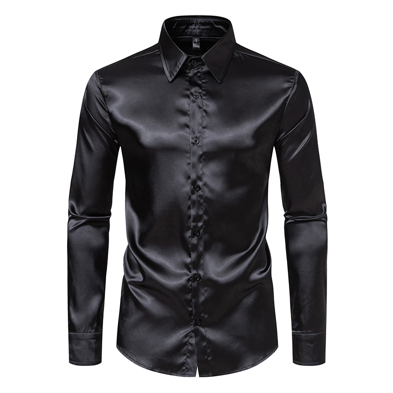Mens Satin Silk Dress Shirt - Мужские черные атласные роскошные классические рубашки,