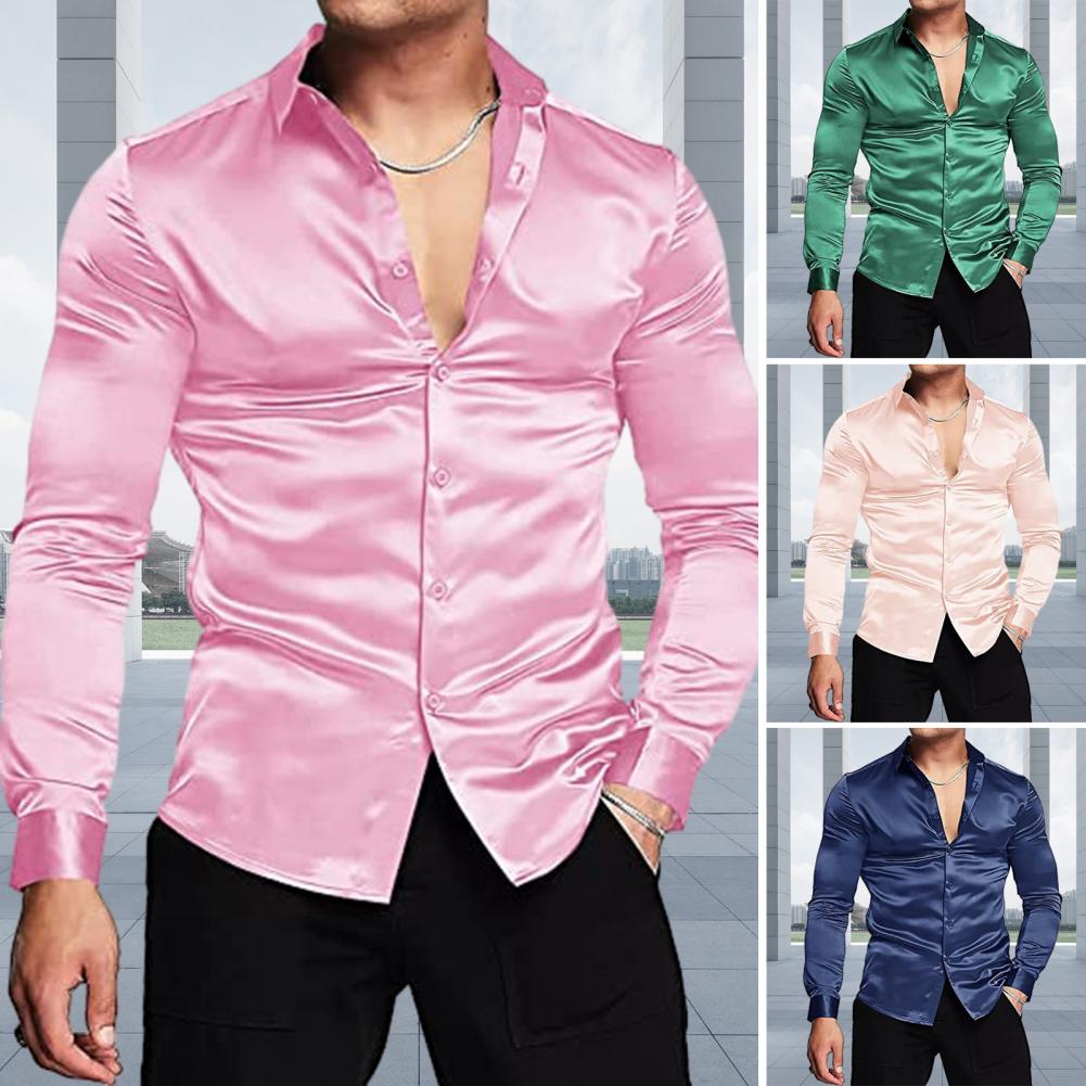 Mens Satin Silk Dress Shirt - Розовая шелковая атласная роскошная классическая рубашка