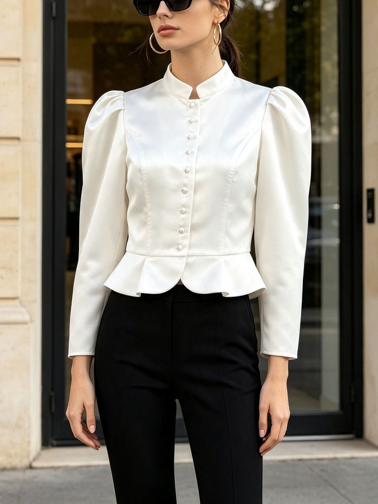 Mandarin Collar Formal Shirt Slim Fit - Блузка с пеплумом, длинными рукавами, пышными
